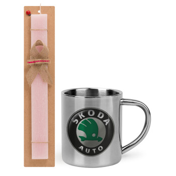 SKODA, Easter Set, metallic thermal cup (300ml) & aromatic flat Easter candle (30cm) (PINK)
