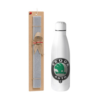 SKODA, Easter Set, metallic stainless thermos bottle (500ml) & scented flat Easter candle (30cm) (GRAY)
