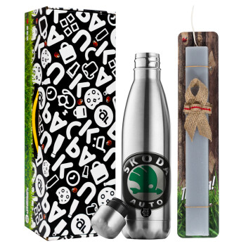 SKODA, Easter Set, metallic stainless thermos flask (500ml) & scented flat Easter candle (30cm) (GRAY)