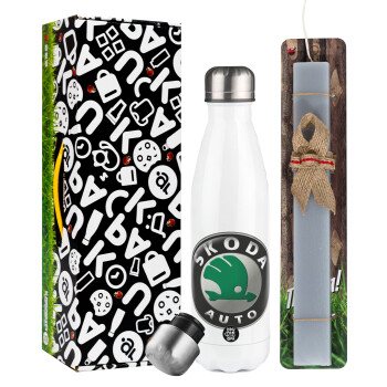 SKODA, Easter candle, metallic white thermos bottle (500ml) & aromatic flat candle (30cm) (GRAY)