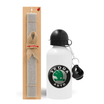 SKODA, Easter Set, metallic aluminum water bottle (500ml) & aromatic flat Easter candle (30cm) (GRAY)