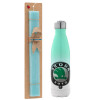 Easter Set, Metallic green/white thermos (Stainless steel), double-walled, 500ml & scented flat Easter candle (30cm) (TURQUOISE)