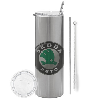 SKODA, Eco friendly stainless steel Silver tumbler 600ml, with metal straw & cleaning brush