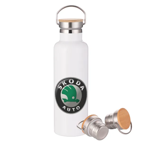 SKODA — Stainless steel White with wooden lid (bamboo), double wall, 750ml