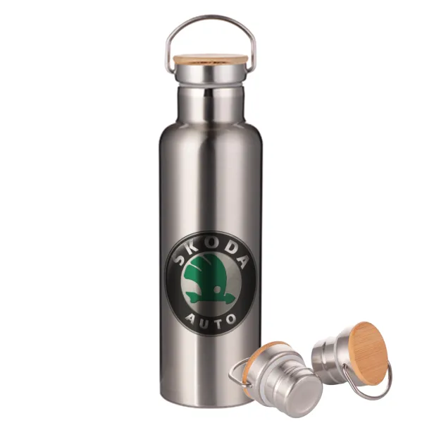 SKODA — Μεταλλικό παγούρι θερμός (Stainless steel) Ασημένιο με ξύλινο καπακι (bamboo), διπλού τοιχώματος, 750ml
