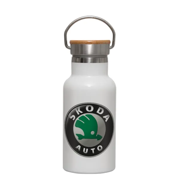 SKODA — Metallic thermos (Stainless steel) White with wooden lid (bamboo), double-walled, 350ml