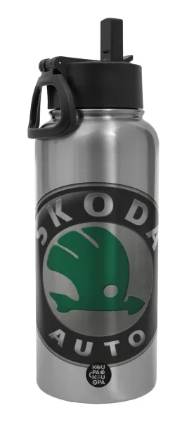 SKODA — Metal mug thermo Silver with Straw and Spout Lid (Stainless steel), double wall, 950ml