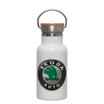 SKODA, Metallic thermos (Stainless steel) White with wooden lid (bamboo), double-walled, 350ml