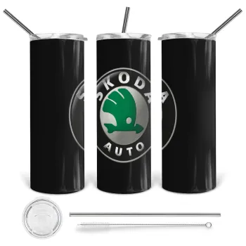 SKODA, Tumbler ποτήρι θερμό από ανοξείδωτο ατσάλι 600ml, με μεταλλικό καλαμάκι & βούρτσα καθαρισμού