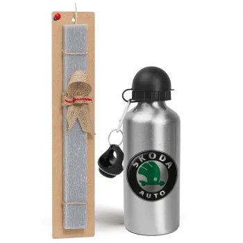 SKODA, Easter Set, metallic silver aluminum water bottle (500ml) & aromatic flat Easter candle (30cm) (GRAY)