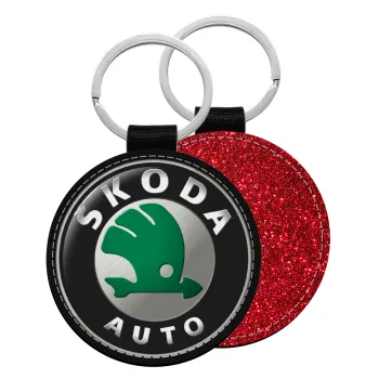 SKODA, Μπρελόκ Δερματίνη, στρογγυλό ΚΟΚΚΙΝΟ (5cm)