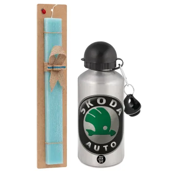 SKODA, Easter Set, metallic silver aluminum water bottle (500ml) & scented flat Easter candle (30cm) (TURQUOISE)
