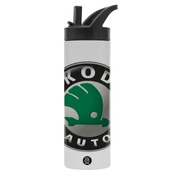 SKODA, Μεταλλικό παγούρι θερμός με καλαμάκι & χειρολαβή, ανοξείδωτο ατσάλι (Stainless steel 304), διπλού τοιχώματος, 600ml