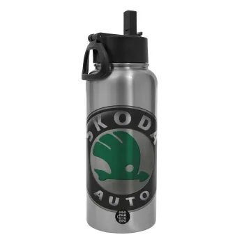 SKODA, Metal mug thermo Silver with Straw and Spout Lid (Stainless steel), double wall, 950ml
