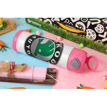 SKODA, Πασχαλινή Λαμπάδα με Παιδικό παγούρι θερμό, ανοξείδωτο, με καλαμάκι ασφαλείας, ΡΟΖ (500ml)