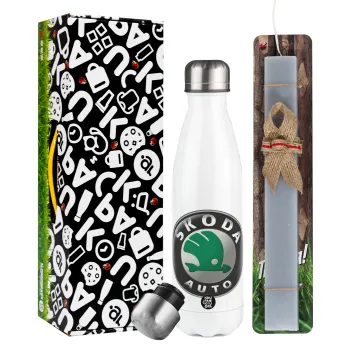 SKODA, Easter candle, metallic white thermos bottle (500ml) & aromatic flat candle (30cm) (GRAY)
