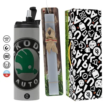 SKODA, Πασχαλινή Λαμπάδα με Travel Tumbler θερμό (600ml, BPA free) & κερί αρωματικό πλακέ (30cm) (ΓΚΡΙ)