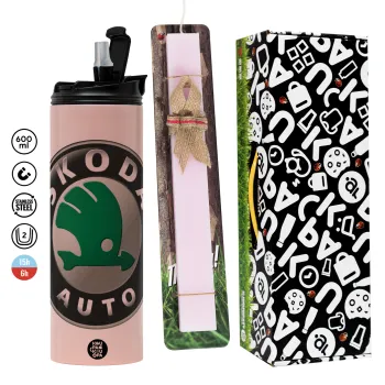 SKODA, Easter candle,Travel Tumbler 2 Lids, with metal straw & cleaning brush & aromatic flat candle (30cm) (PINK)