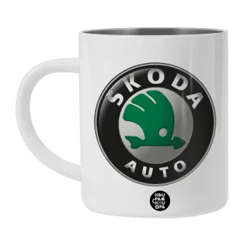 SKODA, Λευκή Ανοξείδωτη Μεταλλική Κούπα 450ml - Διπλού Τοιχώματος 