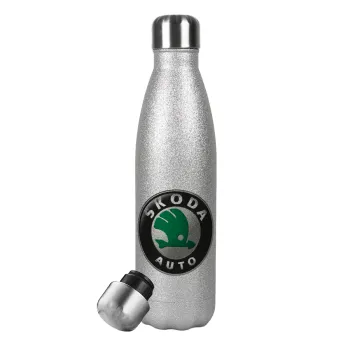 SKODA, Μεταλλικό παγούρι θερμός Glitter Aσημένιο (Stainless steel), διπλού τοιχώματος, 500ml