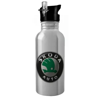 SKODA, Water bottle Silver with straw, stainless steel 600ml