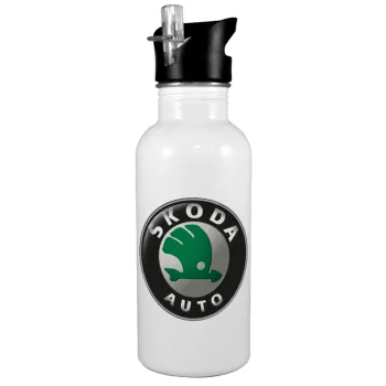SKODA, White water bottle with straw, stainless steel 600ml