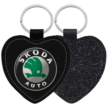 SKODA, Μπρελόκ PU δερμάτινο glitter καρδιά ΜΑΥΡΟ