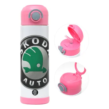 SKODA, Children's hot water bottle, stainless steel, with safety straw, PINK (500ml)