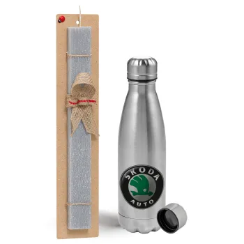 SKODA, Easter Set, metallic Inox water bottle (750ml) & aromatic flat Easter candle (30cm) (GRAY)