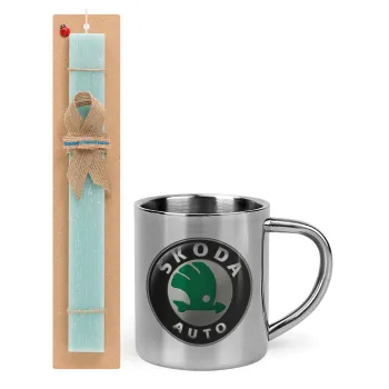 SKODA, Easter Set, metallic thermal cup (300ml) & aromatic flat Easter candle (30cm) (TURQUOISE)