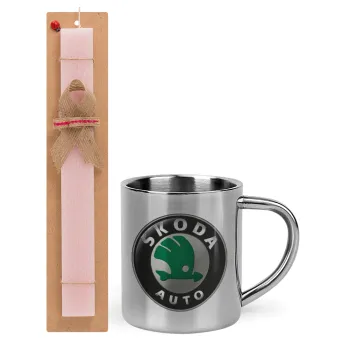 SKODA, Easter Set, metallic thermal cup (300ml) & aromatic flat Easter candle (30cm) (PINK)