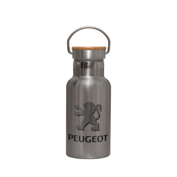 Peugeot, Stainless steel metallic thermos flask, silver with a bamboo lid, double-walled, 350ml.
