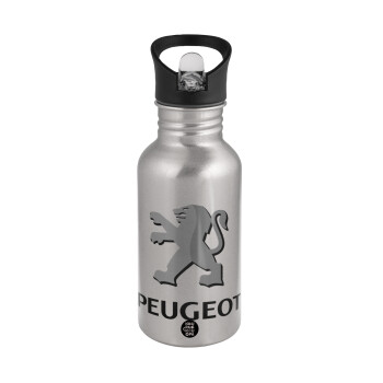 Peugeot, Water bottle Silver with straw, stainless steel 500ml
