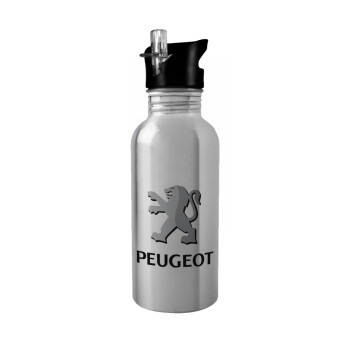 Peugeot, Παγούρι νερού Ασημένιο με καλαμάκι, ανοξείδωτο ατσάλι 600ml