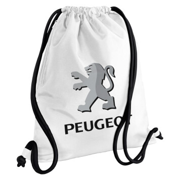 Peugeot, Τσάντα πλάτης πουγκί GYMBAG λευκή, με τσέπη (40x48cm) & χονδρά κορδόνια