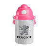 Peugeot, Ροζ παιδικό παγούρι πλαστικό (BPA-FREE) με καπάκι ασφαλείας, κορδόνι και καλαμάκι, 400ml