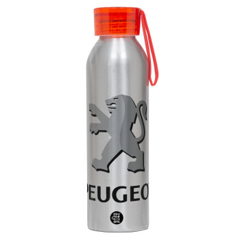 Peugeot, Αλουμινένιο Αθλητικό Μπουκάλι 650ml – Ασημί με Κόκκινο Καπάκι και Λουράκι Σιλικόνης