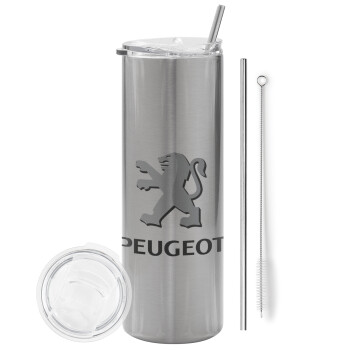 Peugeot, Eco friendly ποτήρι θερμό Ασημένιο (tumbler) από ανοξείδωτο ατσάλι 600ml, με μεταλλικό καλαμάκι & βούρτσα καθαρισμού