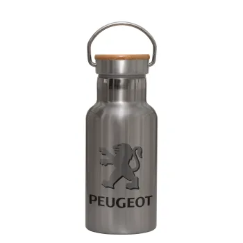 Peugeot, Stainless steel metallic thermos flask, silver with a bamboo lid, double-walled, 350ml.