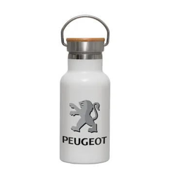 Peugeot, Metallic thermos (Stainless steel) White with wooden lid (bamboo), double-walled, 350ml