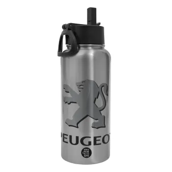 Peugeot, Metal mug thermo Silver with Straw and Spout Lid (Stainless steel), double wall, 950ml