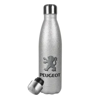 Peugeot, Μεταλλικό παγούρι θερμός Glitter Aσημένιο (Stainless steel), διπλού τοιχώματος, 500ml