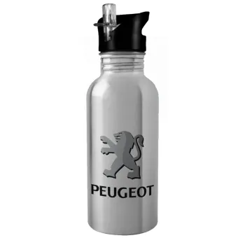 Peugeot, Water bottle Silver with straw, stainless steel 600ml