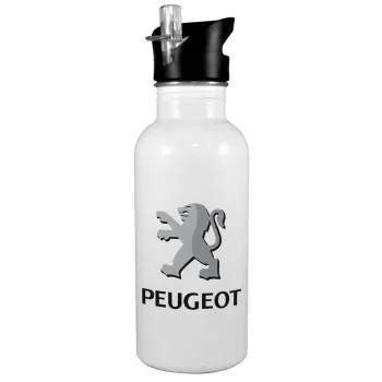 Peugeot, White water bottle with straw, stainless steel 600ml