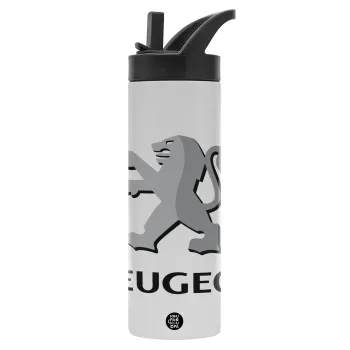 Peugeot, Metallic thermos bottle with straw & handle, stainless steel (Stainless steel 304), double-walled, 600ml.