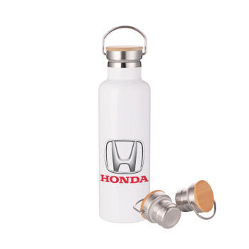 HONDA, Stainless steel White with wooden lid (bamboo), double wall, 750ml