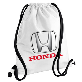 HONDA, Τσάντα πλάτης πουγκί GYMBAG λευκή, με τσέπη (40x48cm) & χονδρά κορδόνια