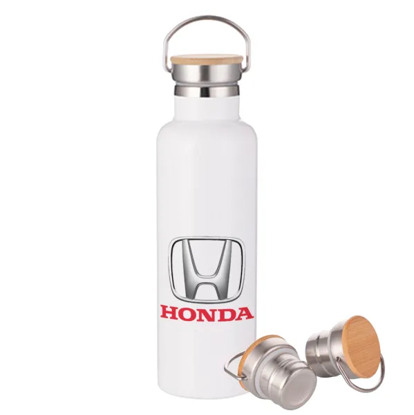 HONDA — Μεταλλικό παγούρι θερμός (Stainless steel) Λευκό με ξύλινο καπάκι (bamboo), διπλού τοιχώματος, 750ml
