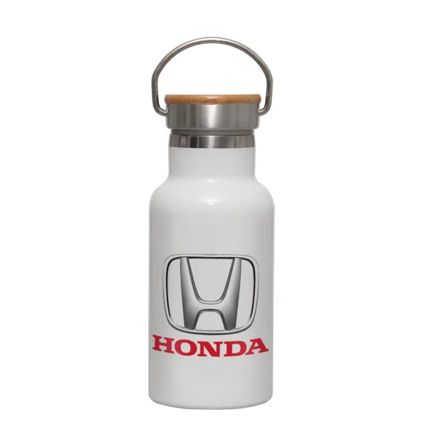HONDA — Metallic thermos (Stainless steel) White with wooden lid (bamboo), double-walled, 350ml