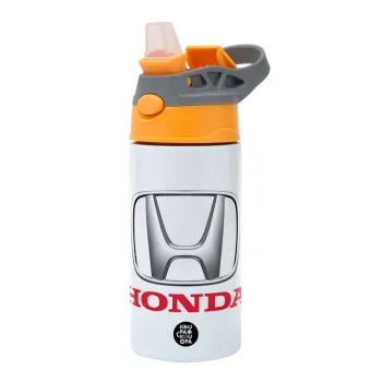 HONDA, Children's hot water bottle, stainless steel, with safety straw, Orange/Grey (360ml) BPA-FREE
